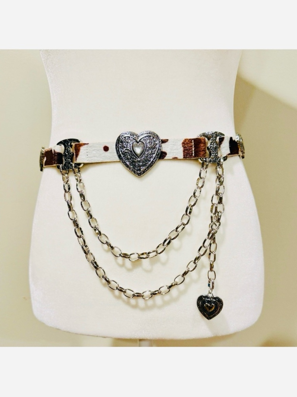 Haute Hippie Brown & White Cowhide Heart Concho Chain Waist Belt